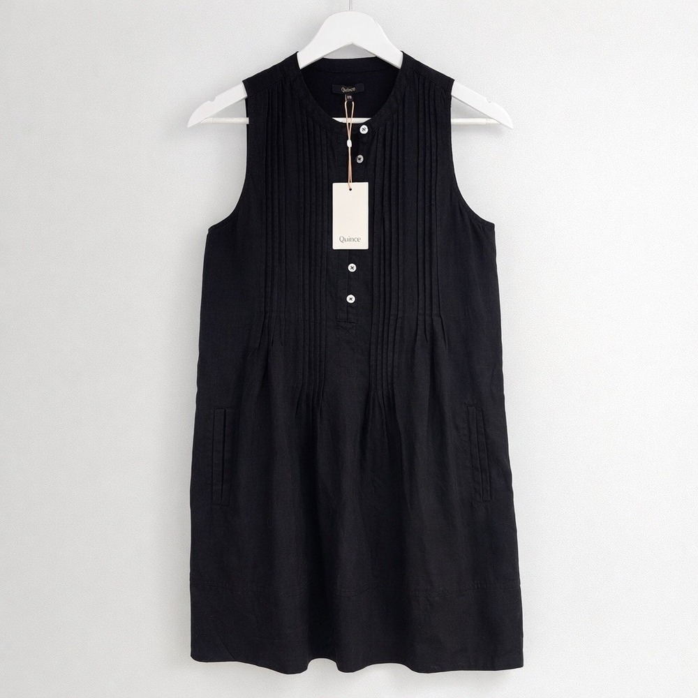 NWT Quince XS Black 100% European Linen Short Sleeve Swing Dress Casual‎ Comfy